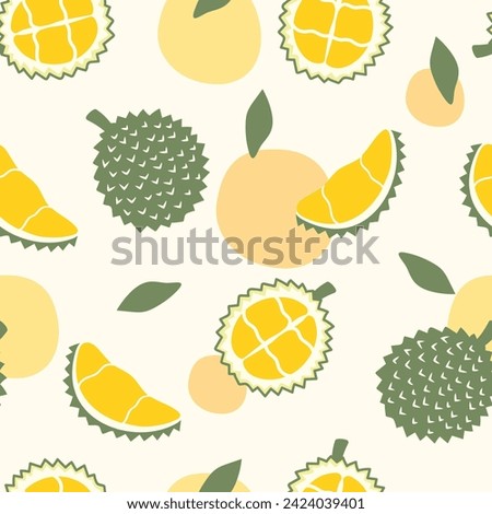 Seamless pattern cute durian fruits and leaf isolated on yellow pastel background. Vector illustration.