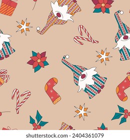 Seamless pattern of cute dwarfs, lollipops, stars, flowers and Christmas stockings. Cartoon vector illustration.