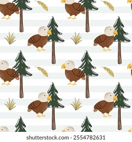 Seamless pattern with cute eagle. Wild birds. Childish background. Woodland wallpaper.