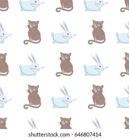 Seamless pattern of cute eared rabbit and grey cat vector flat cartoon sticker or icon outlined with dotted line isolated on white. Domestic animal illustration for game counters, price tags