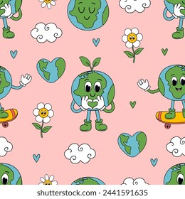 seamless pattern with cute earth and flowers