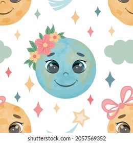 Seamless pattern from cute earth and moon. A child endless texture. Vector illustration. Cartoon style. 