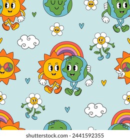 seamless pattern with cute Earth, Sun, rainbow, flower