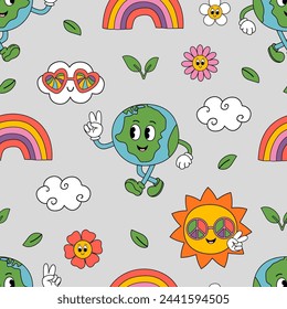 seamless pattern with cute Earth, Sun, rainbow, cloud