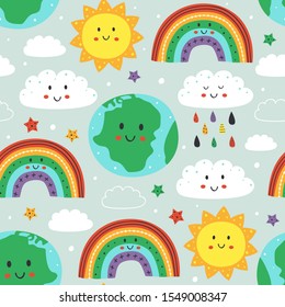 Seamless Pattern With Cute Earth,cloud, Rainbow And Sun - Vector Illustration, Eps    
