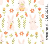 Seamless pattern with cute Easter bunnies, carrots, flowers. Spring seamless pattern. Vector illustration in flat style