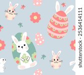 Seamless pattern of cute Easter bunnies, eggs and colorful flowers isolated.