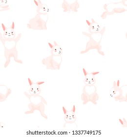 Seamless pattern with cute Easter Bunnies. Cartoon rabbits smile characters for traditional celebration.