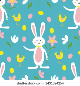 Seamless pattern of cute easter bunnies, easter eggs, flowers, and chicken