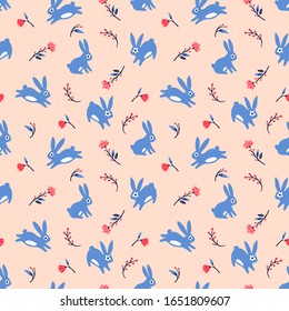 Seamless pattern. Cute Easter bunnies among the flowers. Great for invitations, greeting cards, wrapping paper, fabric, and more.
