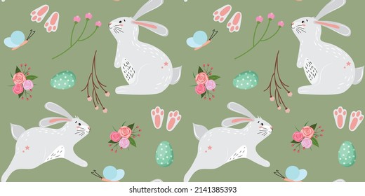 Seamless pattern with cute Easter bunnies, Easter eggs and flowers. Children pattern for textile, wallpaper, packaging, wrapping paper. Cute spring vector pattern. 
