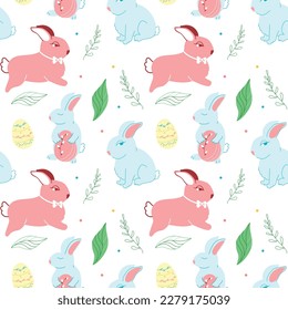 Seamless pattern of cute Easter bunnies on a white background. Vector illustration for decoration, postcards, print