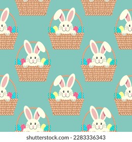 Seamless pattern, cute Easter bunnies in baskets with eggs. Children's print, background, textile, vector