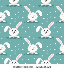 Seamless pattern, cute Easter bunnies on a green background with polka dots. Children's print, background, textile, vector