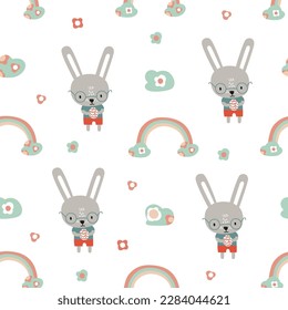 Seamless pattern with cute Easter bunnies. Bunnies hold eggs in their paws. Rainbow and clouds in colors. Gentle muted tones. Ideal for notebook covers, scrapbooking, fabric, decorations for easter.