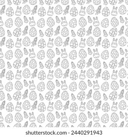 Seamless pattern with cute Easter bunnies, Easter eggs and bells. Doodle vector illustration.