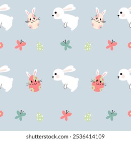 Seamless pattern of cute Easter bunnies, eggs and colorful flowers isolated.