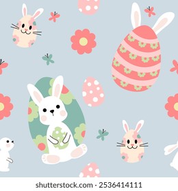 Seamless pattern of cute Easter bunnies, eggs and colorful flowers isolated.