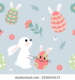 Seamless pattern of cute Easter bunnies, eggs and colorful flowers isolated.