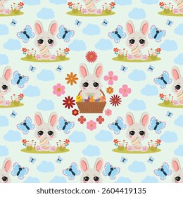 Seamless pattern with cute Easter bunnies, flowers, butterflies, and blue clouds. Perfect for holiday decorations, textiles, wrapping paper, greeting cards, children’s products, and spring designs
