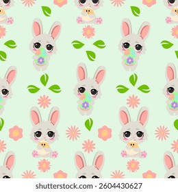 Seamless pattern with cute Easter bunnies, flowers, and green leaves on a soft pastel background. Perfect for holiday decorations, textiles, invitations, wallpapers, and gift wrapping designs
