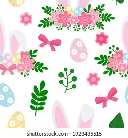 Seamless pattern Cute Easter bunny ears with flowers vector illustration. Rabbit face Easter eggs pink flowers leaves