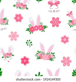 Seamless pattern Cute Easter bunny ears with flowers vector illustration.