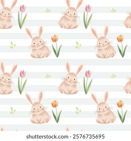 Seamless pattern with cute Easter bunny and tulips. Hand drawn spring backgrounds. Funny rabbits. 