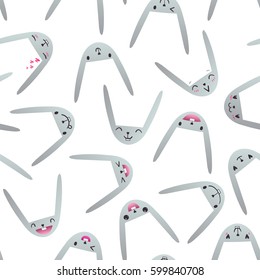 Seamless pattern with cute Easter bunny faces with happy and lovely emotions, hand-drawn gray rabbits with various expressions, EPS 10