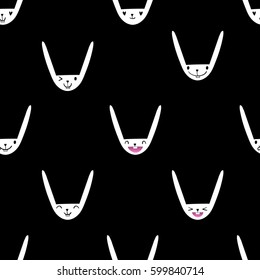 Seamless pattern with cute Easter bunny faces with happy and lovely emotions, hand-drawn white rabbits with various expressions, EPS 10