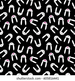 Seamless pattern with cute Easter bunny faces with happy and lovely emotions, hand-drawn white rabbits with various expressions, EPS 10