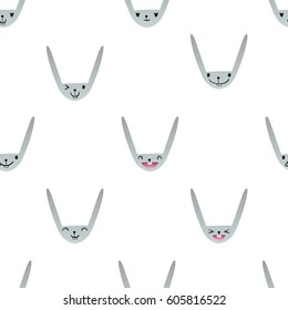 Seamless pattern with cute Easter bunny faces with happy and lovely emotions, hand-drawn gray rabbits with various expressions, EPS 10