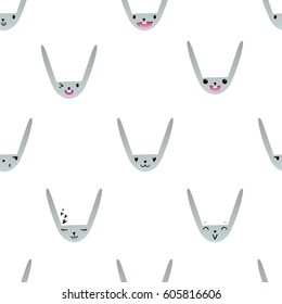Seamless pattern with cute Easter bunny faces with happy and lovely emotions, hand-drawn gray rabbits with various expressions, EPS 10