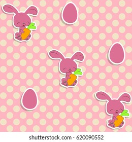 Seamless pattern with cute easter bunny and polka dots. Happy Easter endless background. Retro style vector illustration.