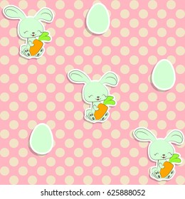 Seamless pattern with cute easter bunny and polka dots. Happy Easter endless background. Retro style vector illustration.