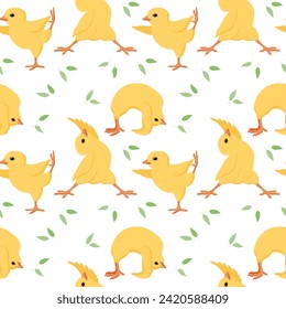 Seamless pattern, cute Easter chicks in different yoga poses. Animal illustration, cartoon style, vector