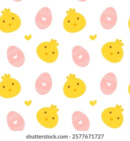 Seamless pattern with cute Easter chicks and eggs. Childish cartoon vector seamless pattern perfect for kids apparel, fabric, wrapping paper and so on