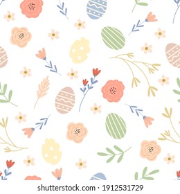 Seamless pattern with cute Easter eggs and hand drawn colorful flowers