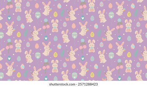 Seamless pattern with cute Easter eggs, bunnies, flowers and balloons on purple background.