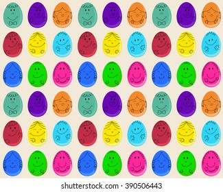 Seamless pattern with cute Easter eggs with smiling faces, even rows horizontal and vertical. Bright color palette, positive and funny. Reference to Humpty Dumpty. Design for greeting cards and wrap.