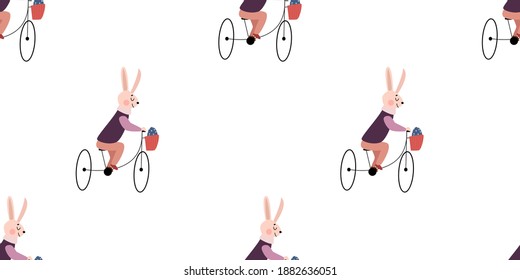 Seamless pattern with cute Easter rabbit on bicycle with gift egg in basket