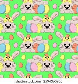Seamless pattern with Cute Easter Rabbit and Chicken with egg