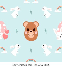 Seamless pattern cute easter rabbits with eggs and flowers, color pastel.