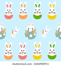 Seamless pattern cute easter rabbits with eggs and flowers, color pastel.
