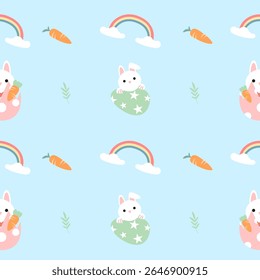Seamless pattern cute easter rabbits with eggs and flowers, color pastel.
