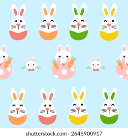 Seamless pattern cute easter rabbits with eggs and flowers, color pastel.
