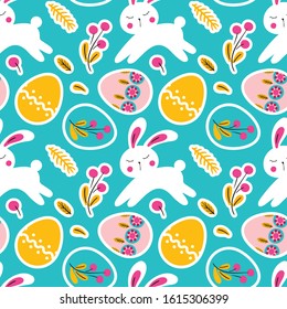 Seamless pattern with cute easter symbols. White bunny, spring folk flowers and eggs