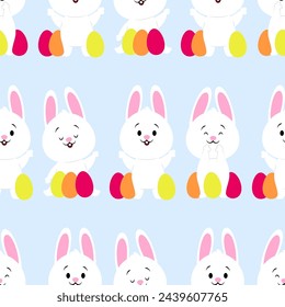 Seamless pattern of cute Easter white bunnies with colorful eggs