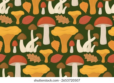 Seamless pattern with cute edible mushrooms on a dark green backdrop. Autumn background with mushrooms and leaves