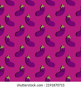 Seamless pattern cute eggplant character.